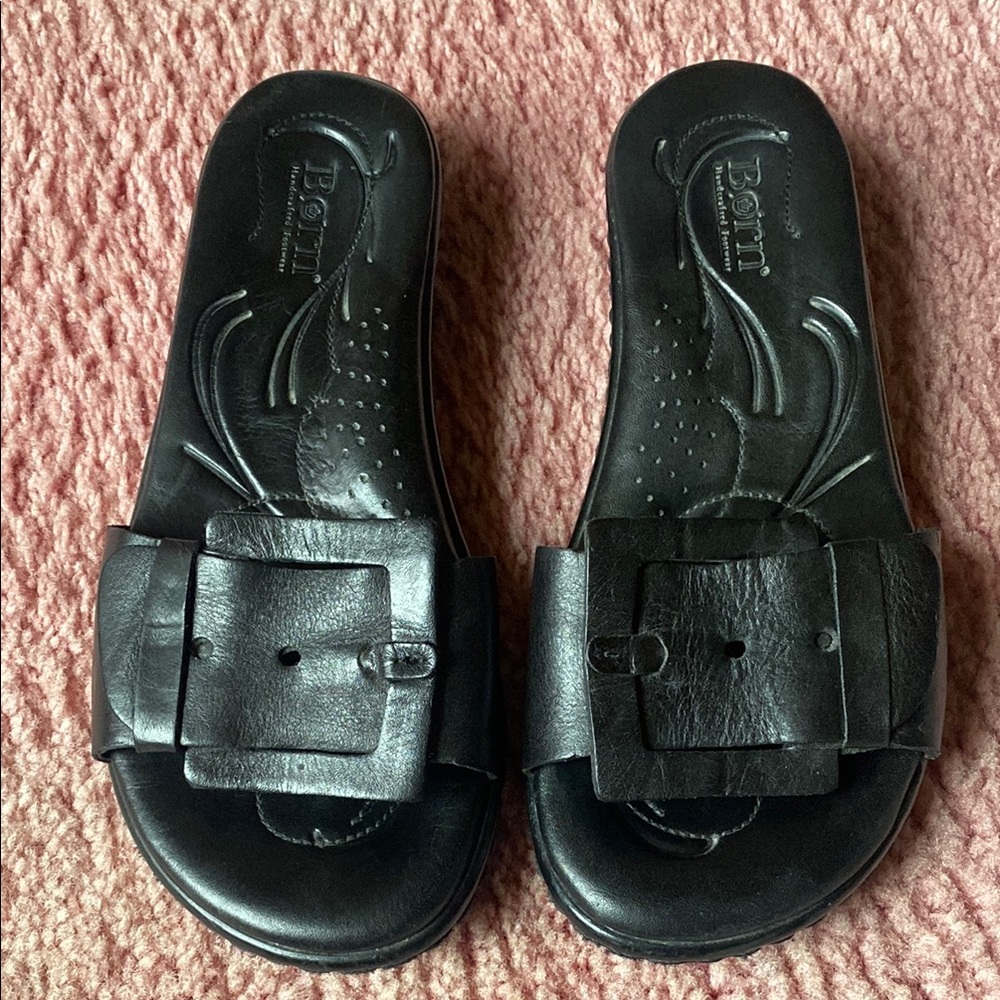 Born Black Leather Buckle Slide Sandals Size EU 38-7M U.S.